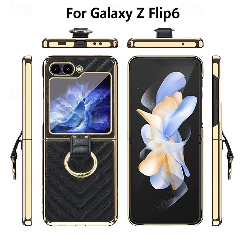 Phone Case For Samsung Galaxy Z Flip 6 Z Flip 5 Z Flip 4 Z Flip 3 Back Cover Ring Holder Shockproof Retro PU Leather2