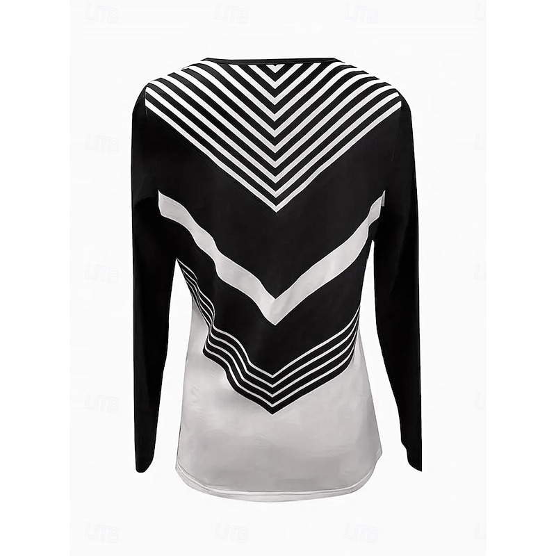 Women's T Shirt Color Block Striped Casual Long Sleeve Notched Neck Regular Tops Daily Print Black Spring Fall2