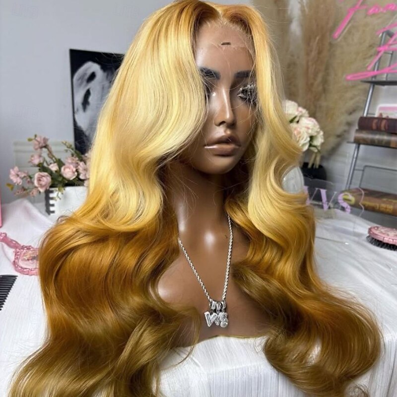 Remy Human Hair 5x5 Closure 13x4 Lace Front Wig Free Part Brazilian Hair Wavy Blonde Wig 130% 150% Density with Baby Hair Ombre Hair Glueless Pre-Plucked For Women Long Human Hair Lace Wig3