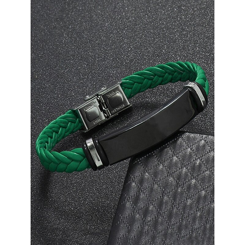 Men's Green Braided Leather Bracelet with Black Stainless Steel Clasp – Stylish and Durable, Ideal for Casual and Everyday Wear3