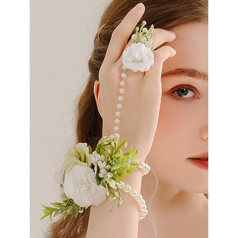 White Floral Hand and Wrist Jewelry Set with Pearls – Elegant Bridal Accessory for Weddings and Special Occasions
