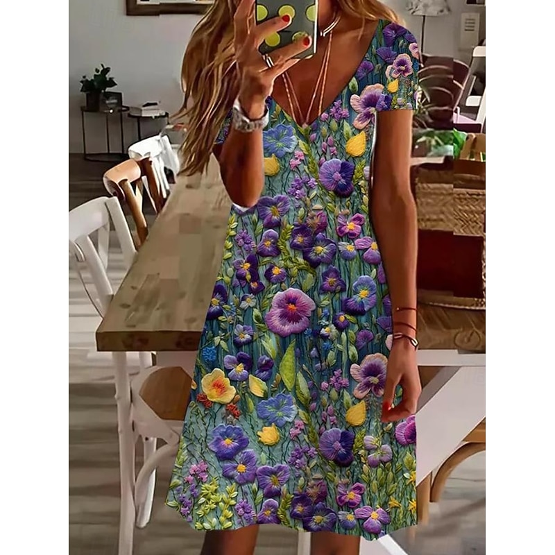 Women's Mini Dress Casual Dress Elegant Tropical Hawaiian Daily Regular Fit 3D Print Floral Short Sleeve Crew Neck Black White Pink Blue Summer4