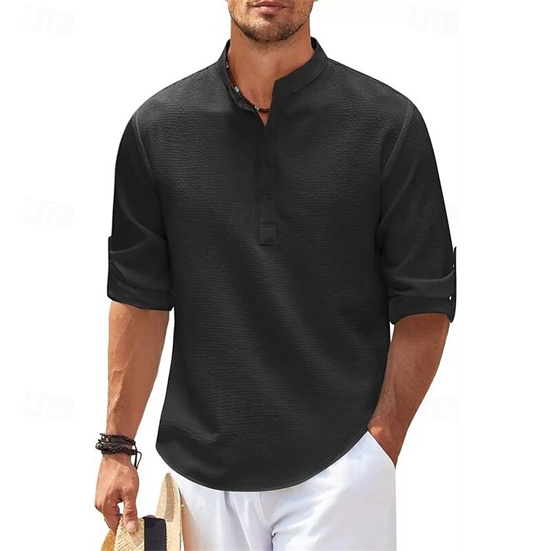 Men's Shirt Popover Shirt Summer Shirt Casual Shirt Beach Shirt Waffle Knit Shirt Black White Blue Sky Blue Army Green Long Sleeve Plain Stand Collar Vacation Hawaiian Buttons Clothing Apparel2