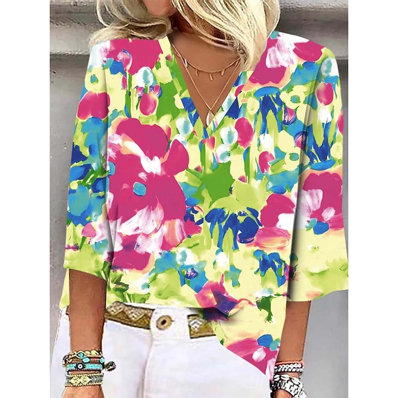 Women's Shirt Button Down Blouse Floral Stylish Beach Short Sleeve V Neck Regular Tops Daily Print Light Green Spring Fall