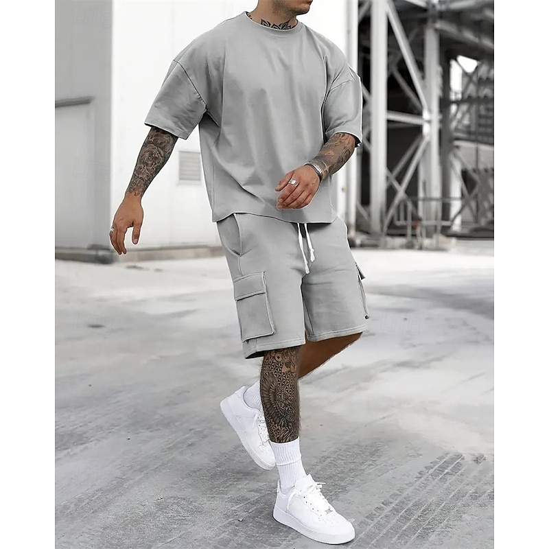 Men's Workout Set Tracksuit T shirt & Shorts Set Outfit Set Crew Neck Outdoor Daily Sports Pocket Drawstring 2 Piece Plain Black Red Green Polyester Activewear Classic Casual Summer2