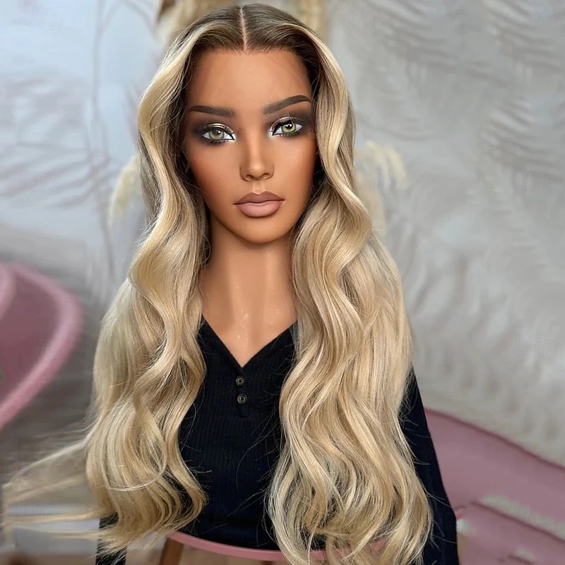 Brazilian Remy Hair Ash Blonde Highlight Ombre Glueless 5x5 Lace Closure Wigs Body Wave Lace Front Wig Natural Hairline Pre-Plucked For Women3