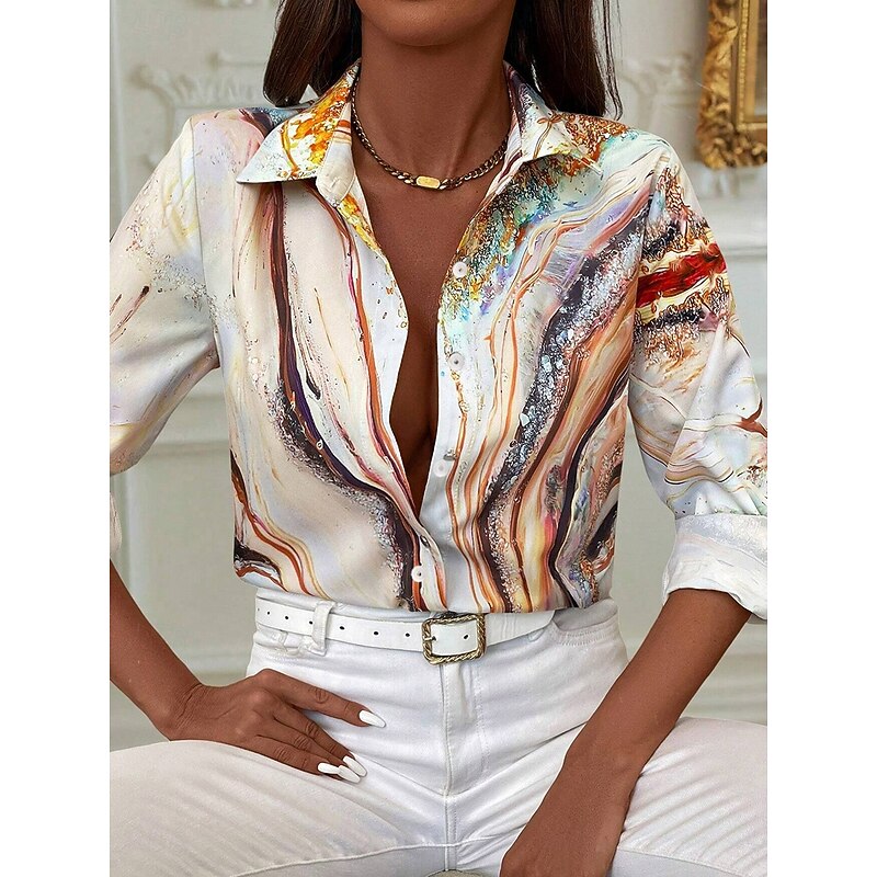 Women's Shirt Button Down Tunic Shirt Collar Long Sleeve Ombre Casual Regular Tops Work Daily s Print Orange Spring Fall Winter - Main Image