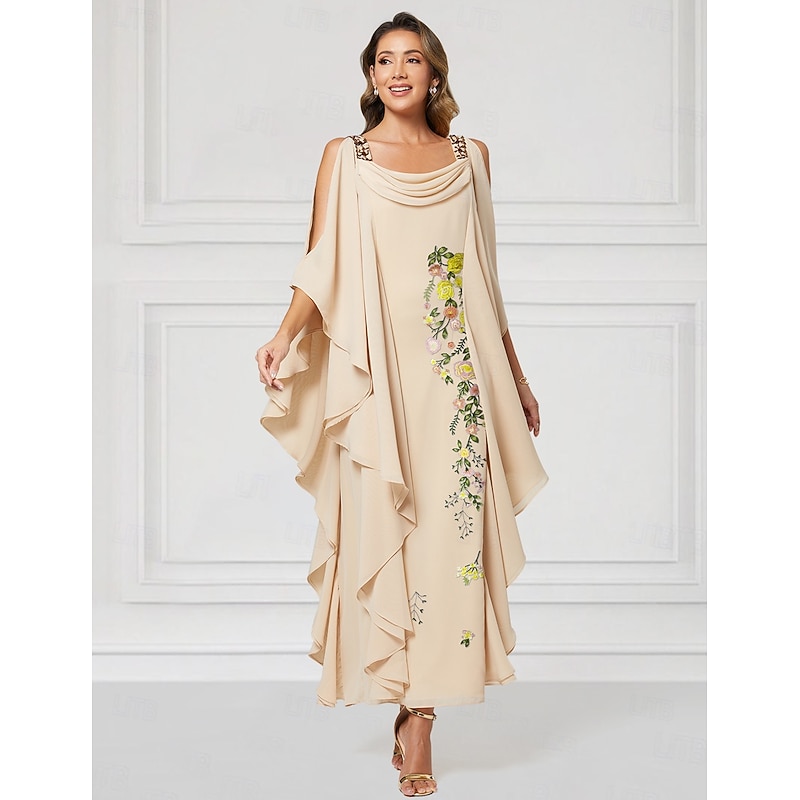 Floral Column Mother of the Bride Dress Elegant Plus Size Jewel Neck Floor Length Chiffon Half Sleeve with Beading Tier Cascading Ruffles2