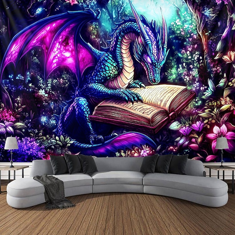Blacklight Tapestry Glow in the Dark Glow Party UV Reactive Dragon Animal Trippy Misty Nature Landscape Hanging Tapestry Wall Art Mural for Living Room Bedroom