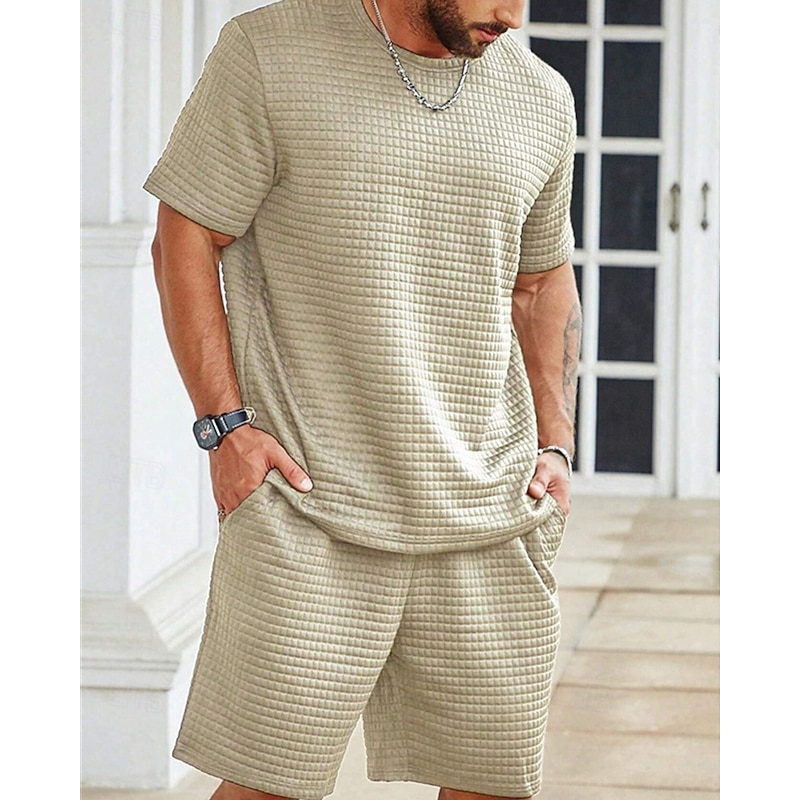 Men's Waffle Tracksuit T shirt & Shorts Set Outfit Set Crew Neck Outdoor Daily Sports Pocket Drawstring 2 Piece Plain Black White Khaki Polyester Activewear Classic Casual Summer2