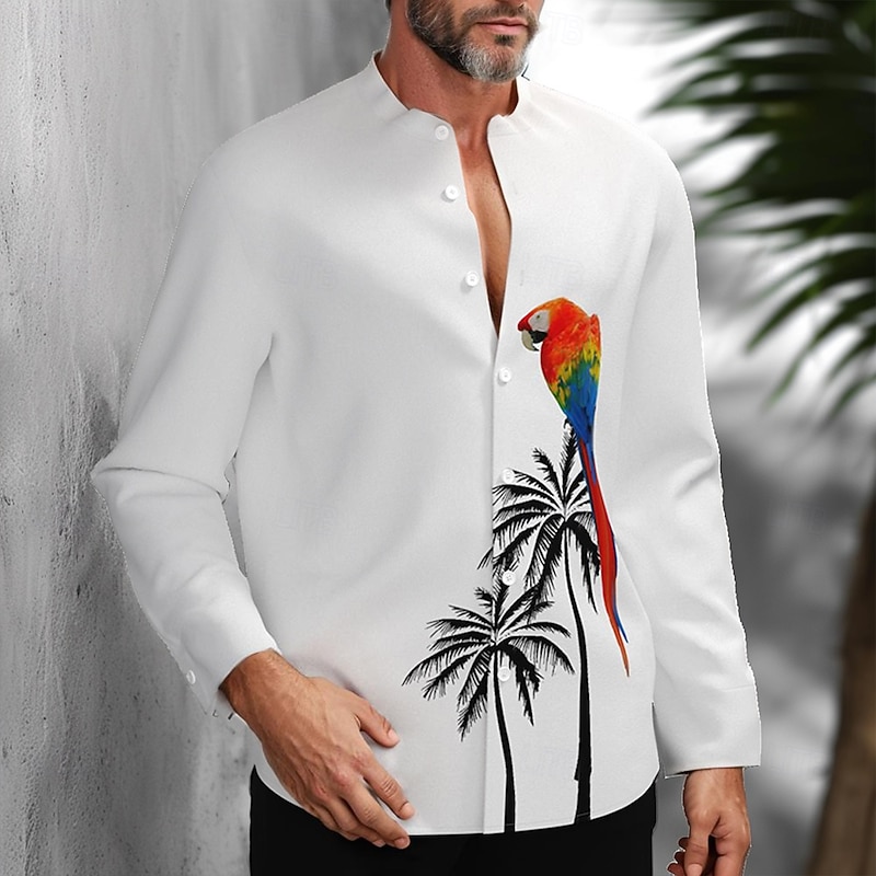 Men's Bird Coconut Tree Parrot Shirt Summer Hawaiian Shirt Collarless Shirt Long Sleeve Hawaiian Resort Vacation Casual Holiday Summer Spring Standing Collar 3D Print Button Down Shirts White