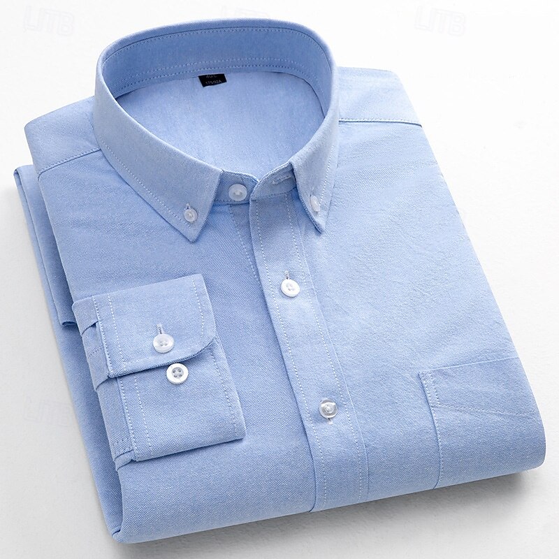 Men's Striped Long-Sleeve Dress Shirts Button Down Breathable Casual Vintage Loose Cotton Shirts Stylish Solid Oxford Business Shirt for Men3
