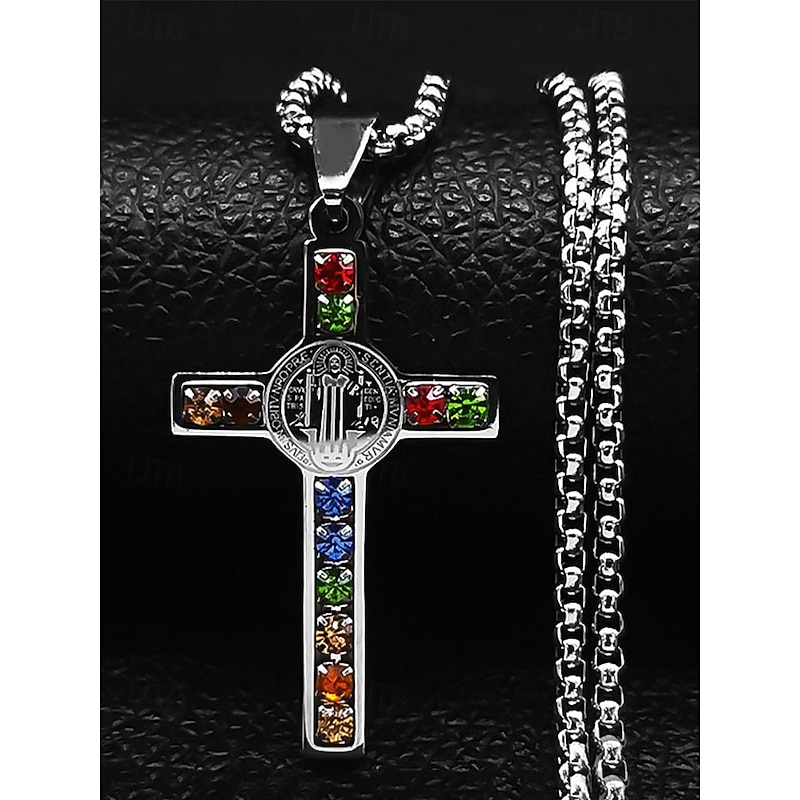 Men's Stainless Steel Gold-Plated Cross Necklace with Multi-Colored Gemstones – Religious Pendant, Stylish Chain for Everyday Wear, Gifts for Faith-Based Occasions