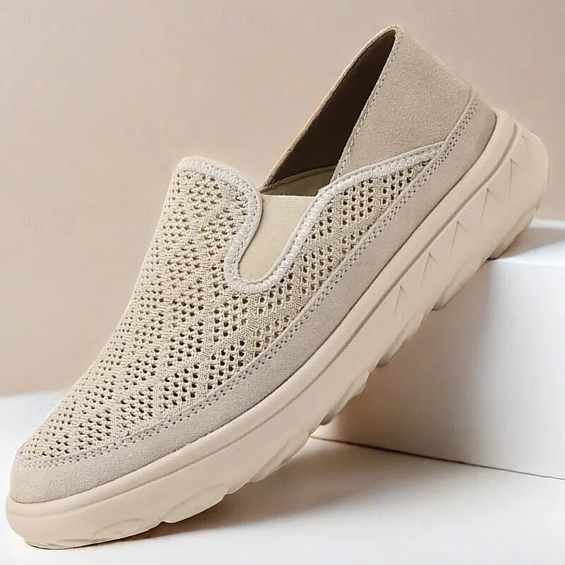 Men's Beige Slip-On Sneakers with Breathable Mesh Upper and Cushioned Sole for Comfortable Casual Wear - Main Image
