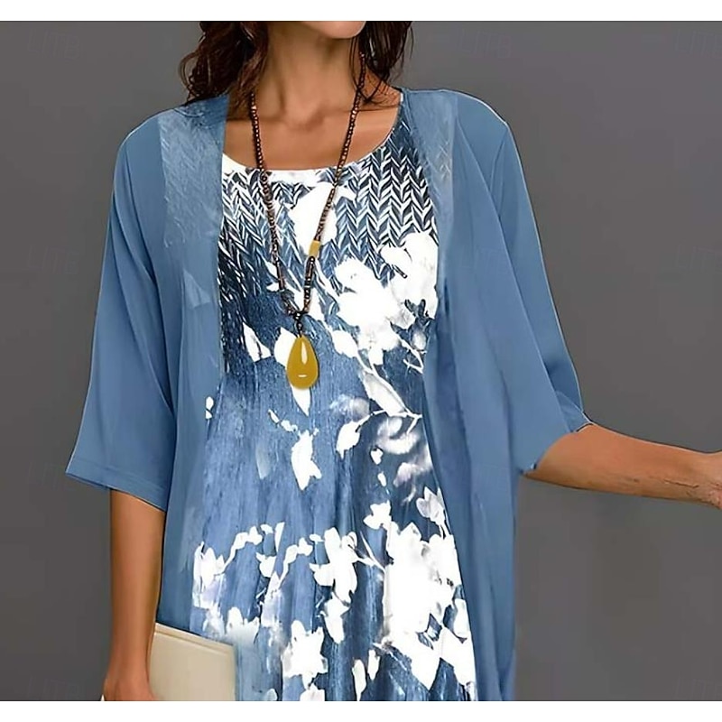 Women's Graduation Dress Midi Dress Chiffon Dress Shift Dress Elegant Party Formal Vacation Wedding Guest Loose Fit Floral Half Sleeve Crew Neck Blue Summer Spring Fall2