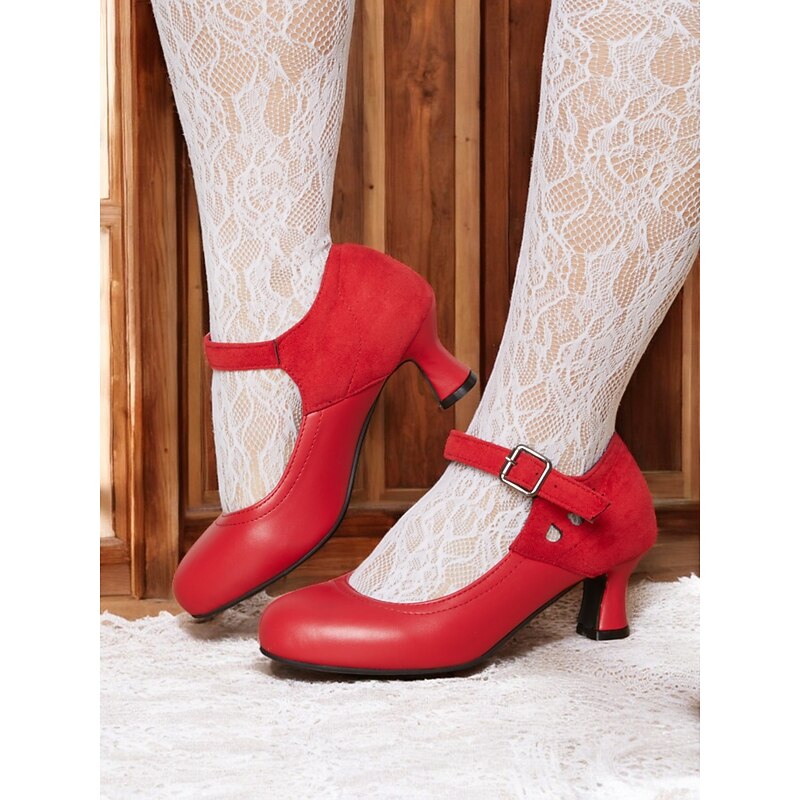 Women's Vintage Gatsby Mary Jane Heels-Faux Leather & Suede Mid Heel Pumps with Buckle Strap for Retro Formal & Dance Wear2