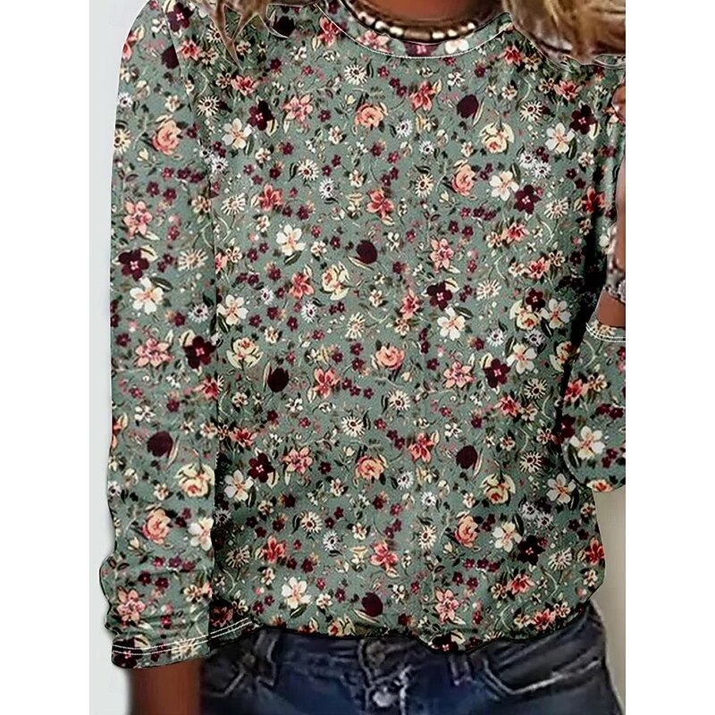Women's T shirt Crew Neck Long Sleeve Tunic Floral Elegant Vintage  Regular Tops Daily Going out Weekend Print Sage Green3