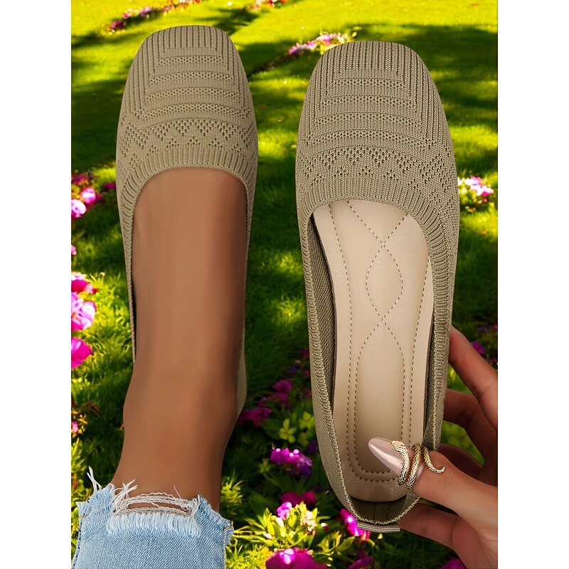 Women's Light Blue Knit Flats – Breathable Square-Toe Slip-On Shoes with Cushioned Insole for Work & Casual Wear4