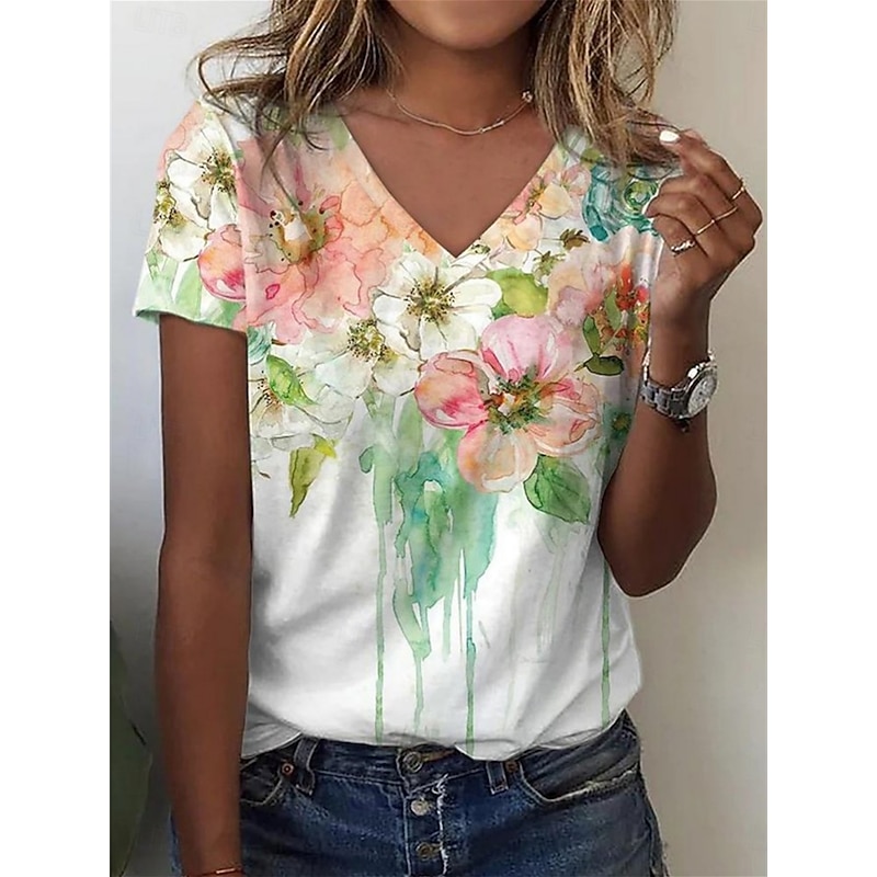 Women's T Shirt Floral Casual Short Sleeve Round Neck Regular Tops Daily Print White Summer