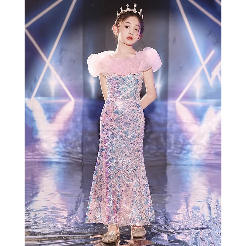 Kids Girls' Dress Mermaid Short Sleeve Performance Party Mesh Puff Sleeve Adorable Costume Polyester Maxi Casual Dress Trumpet Mermaid Dress Summer Spring 4 years+ Pink3