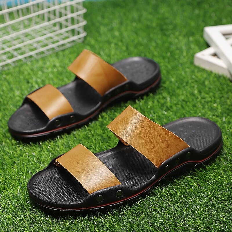 "Men's Black and Yellow Slide Sandals with Wide Straps, Casual Style for Outdoor and Beach Wear3