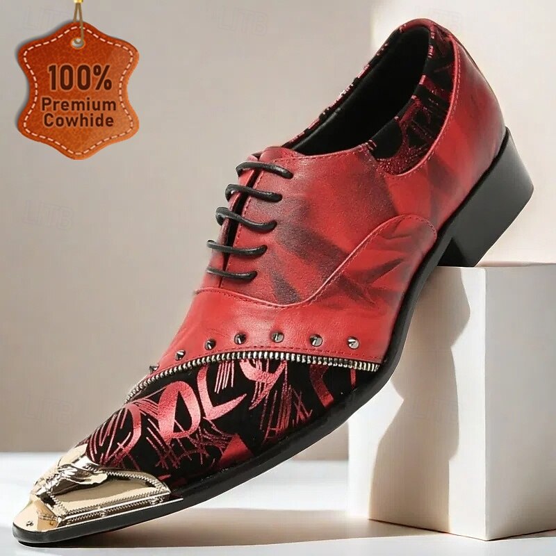Men's Premium Red Leather Dress Shoes with Gold Tip Artistic Print and Studded Detail–Stylish Formal Footwear for Special Occasions
