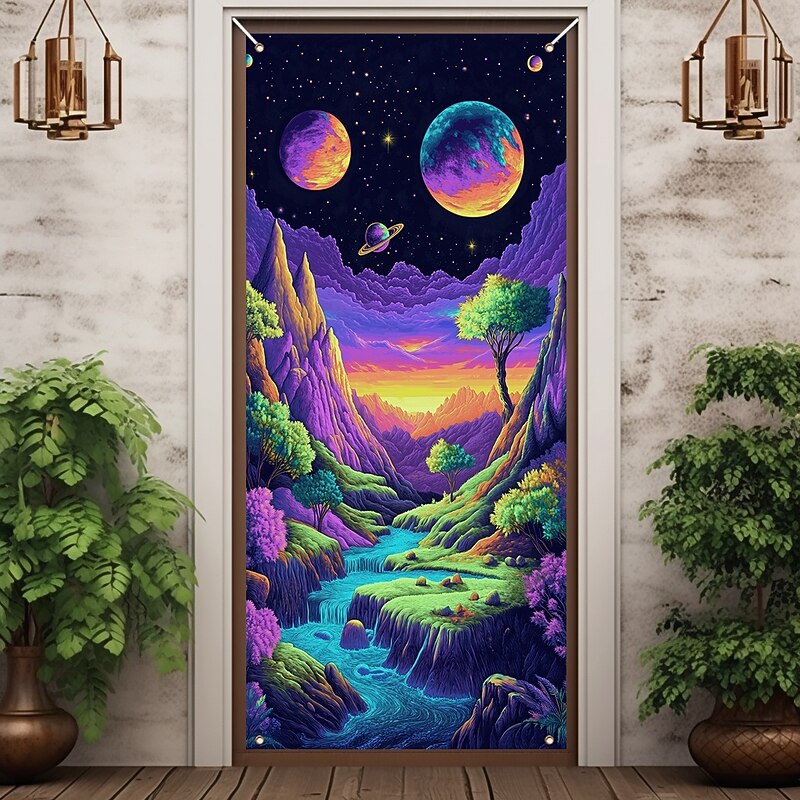 Blacklight Door Decorations Door Covers Glow in the Dark Landscape Waterfall Door Tapestry Door Curtain Decoration Backdrop Indoor/Outdoor Door Banner for Front Door Farmhouse3