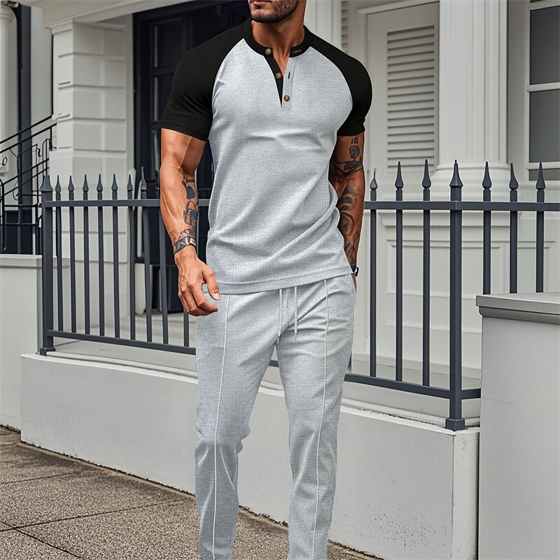 Men's T-shirt Suits Tees and Drawstring Long Pants 2 Pieces Outfits Short Sleeve Henley Summer Spring Color Block Fashion Casual 2 Piece Vacation Daily Wear Going out Wine Green Khaki Top Tee for Men
