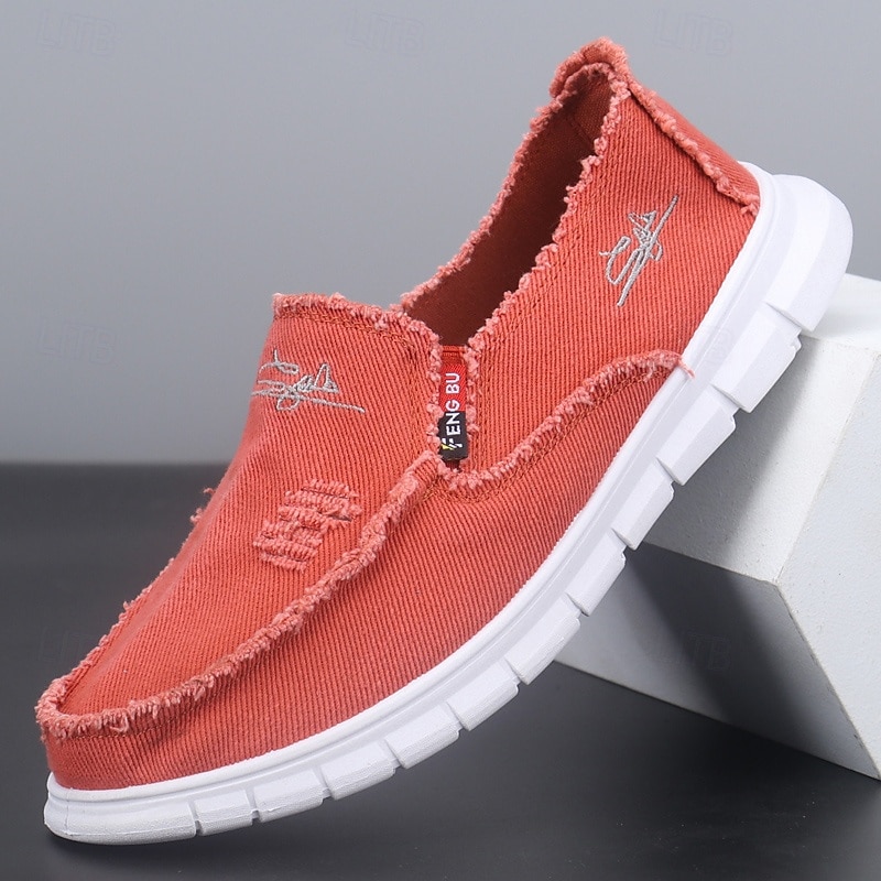 Men's Coral Slip-On Canvas Shoes with Frayed Edges – Casual and Comfortable Sneakers for Everyday Wear