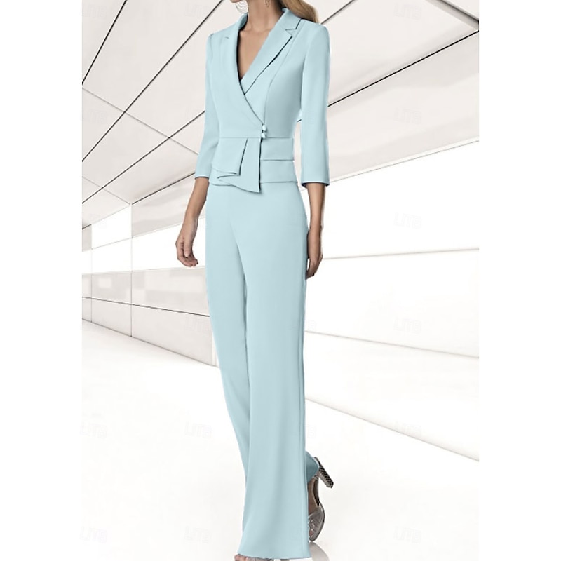 Women's Suits 2 Pieces Suits Wedding Guest Chiffon Elegant 3/4 Sleeve Pleated Floor Length Notched Lapels Single Breasted