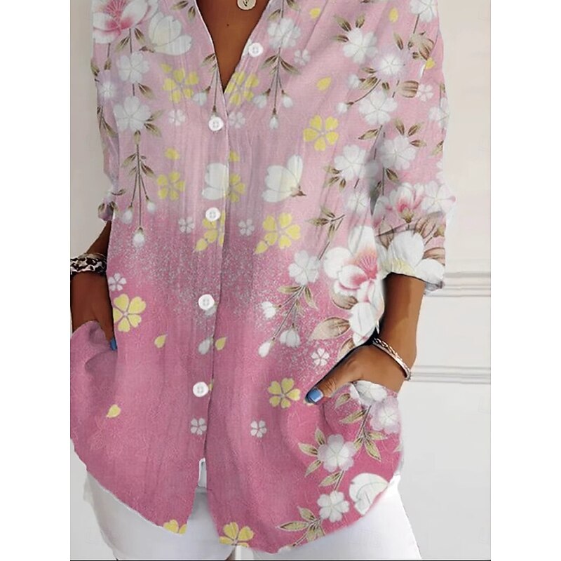 Women's Shirt Button Down Tunic Shirt Collar Long Sleeve Ombre Floral Graphic Daily Stylish Retro Vintage Regular Tops Daily Holiday Going out s Pink Spring3