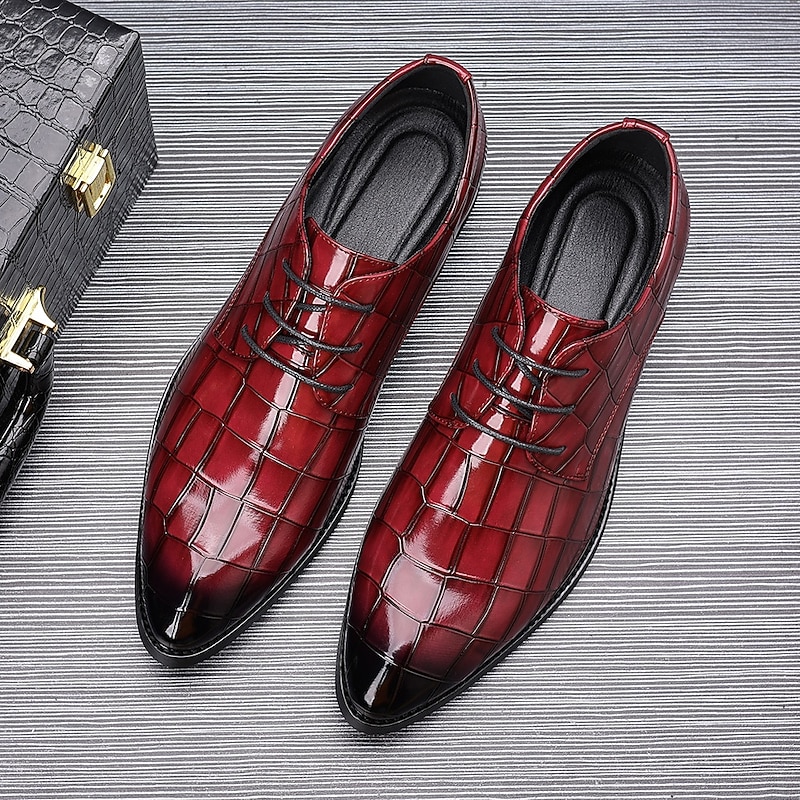 Men's Burgundy Crocodile Pattern Faux Leather Lace-Up Shoes, Stylish Formal Footwear for Business, Weddings and Special Occasions3
