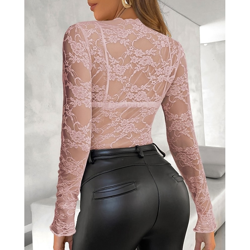 Blouse Women's Transparent Black 6 black Black Embroidered Flower / Plants Lace Hole Daily Elegant Lace Round Neck S4