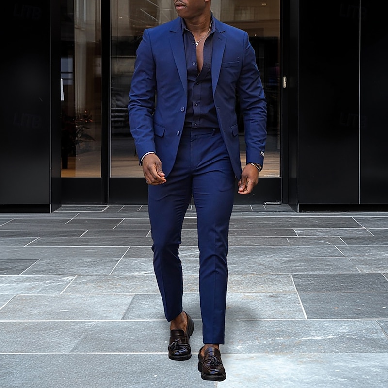 Men's Business Casual Suits Notch Lapel Royal Blue Fashion Daily Solid Colored Standard Fit 2 Piece Single Breasted Two-buttons