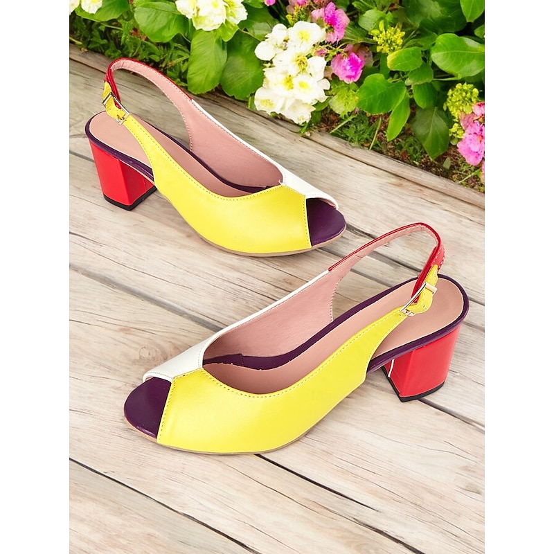 Women's Colorblock Peep-Toe Slingback Heels – Retro Block Heel Sandals for Summer, Party & Casual Wear3