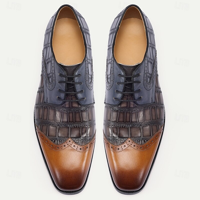 Men's Premium Cowhide Crocodile-Embossed Oxfords with Brogue Detailing – Brown and Black Color Block for Formal and Business Occasions4