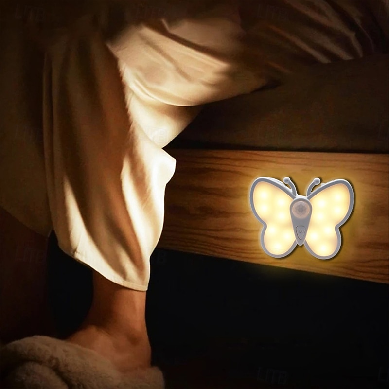 Cute Butterfly Shaped LED Motion Sensor Night Light with Switch, Rechargeable Human Body Infrared Detection 3 Modes for Children's Day Christmas Gift 1PC