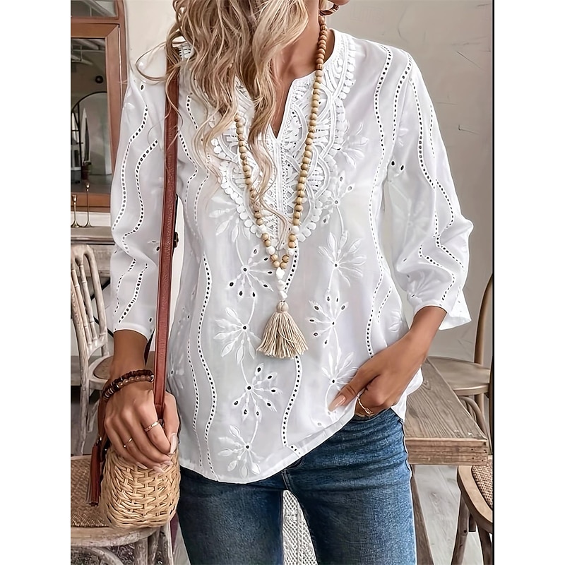 Women's Blouse Solid Color Elegant Stylish Casual Long Sleeve V Neck Regular Tops Work Daily Holiday Lace Embroidered White Spring Fall