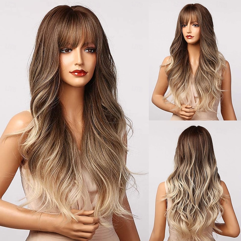Light Brown Wig with Bangs Long Ombre Wavy Wigs for White Women, Ash White Synthetic Heat Resistant Hair, Natural Best Wigs for Halloween/Christmas/Cosplay/Party2