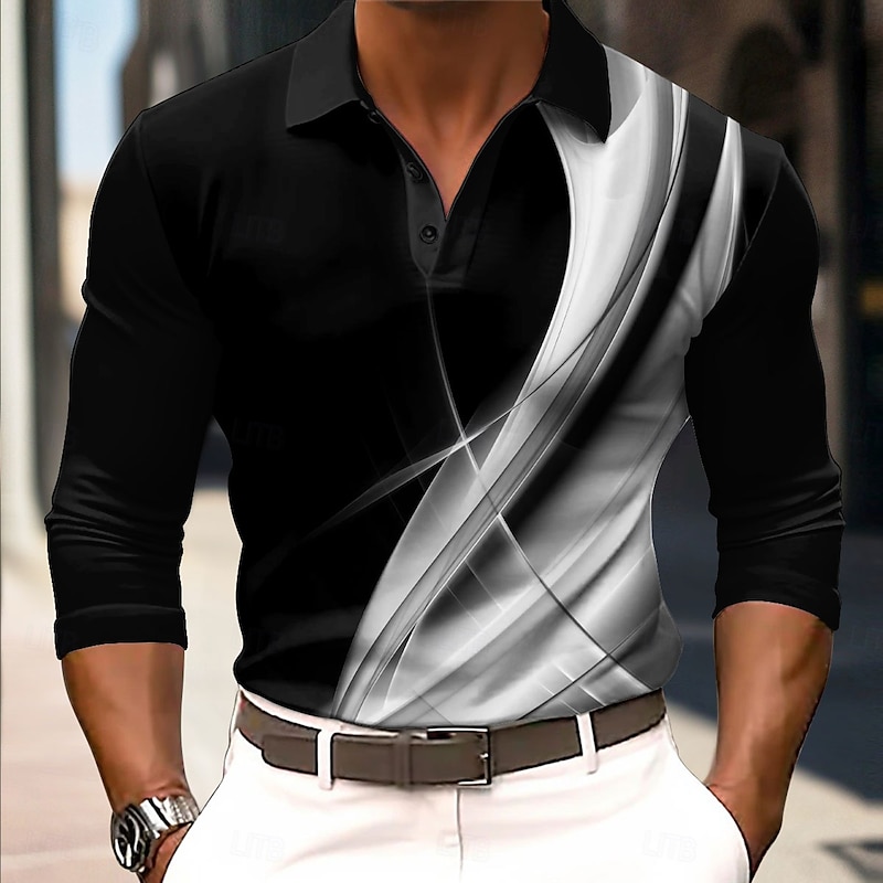 Men's Geometric Line Golf Shirt Long Sleeve Polo Shirts Collared Shirts Casual Business Casual Street Athleisure Outdoor clothing Holiday Buttons 3D Print Spring Fall Winter White Yellow Orange4