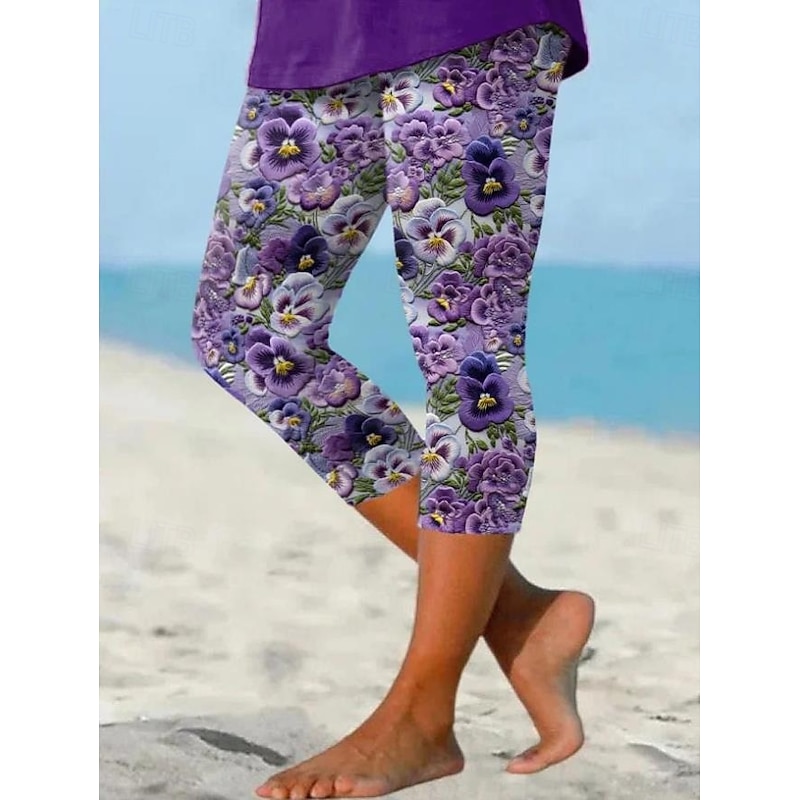 Women's Leggings Capri Pants High Elasticity Vacation Fashion Hawaiian Ankle-Length Mid Waist Floral Printing Thermal Warm Breathable Soft  Vacation Casual Daily Amethyst Summer Spring Regular Fit