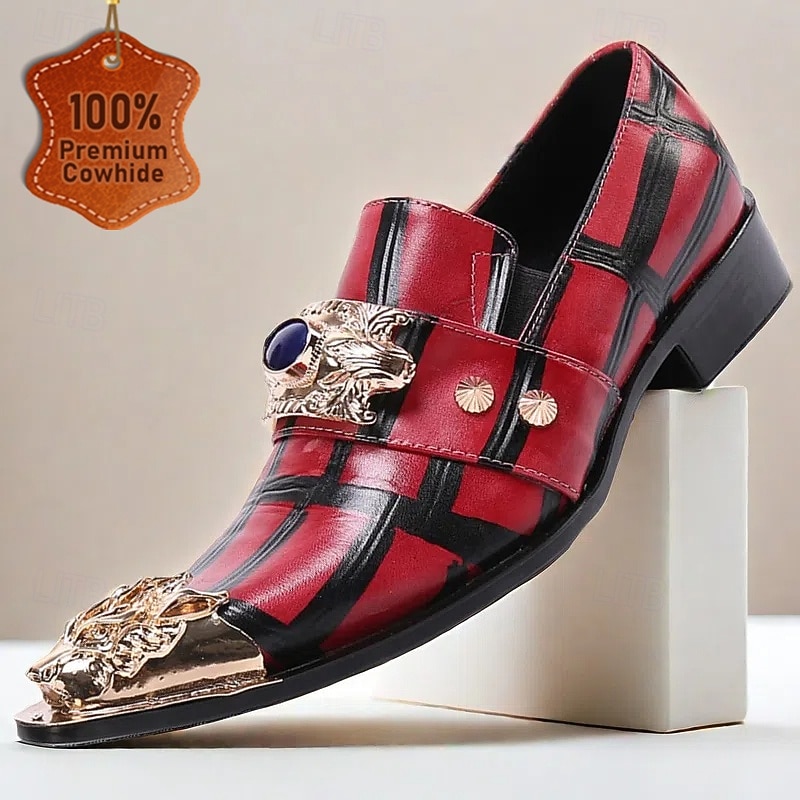 Men's Red Plaid Leather Loafers with Gold Tip Gold Lion Decoration–Premium Cowhide, Slip-On Style for Formal and Fashionable Occasions