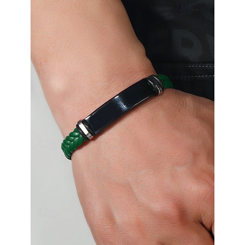 Men's Green Braided Leather Bracelet with Black Stainless Steel Clasp – Stylish and Durable, Ideal for Casual and Everyday Wear