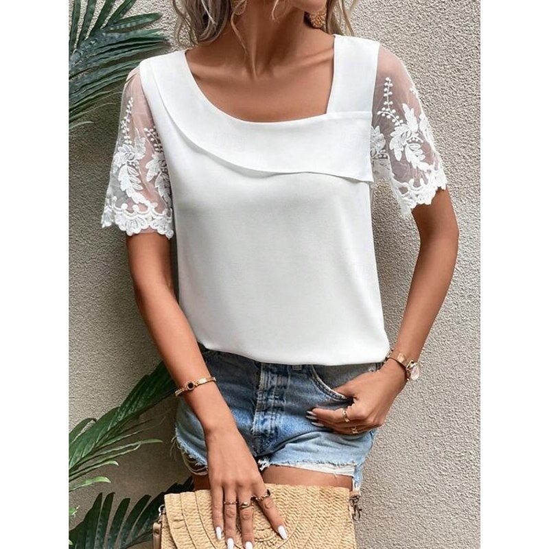 Women's Camisole Tank Top Solid Color Stylish Casual Short Sleeve V Neck Regular Tops Daily Lace Patchwork White Summer Spring4