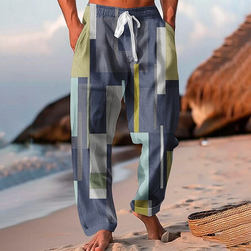 Men's Color Block Patchwork Trousers Baggy Pants Casual Pants Mid Waist Vacation Hawaiian Outdoor Holiday Beach Wide Leg Summer Spring 3D Print White Blue Purple2