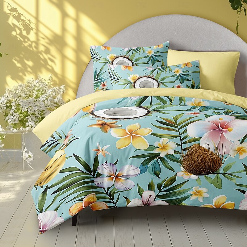 Floral Tropical Series Duvet Cover 3-Piece Set 100% Cotton Super Soft Skin Friendly Long Lasting