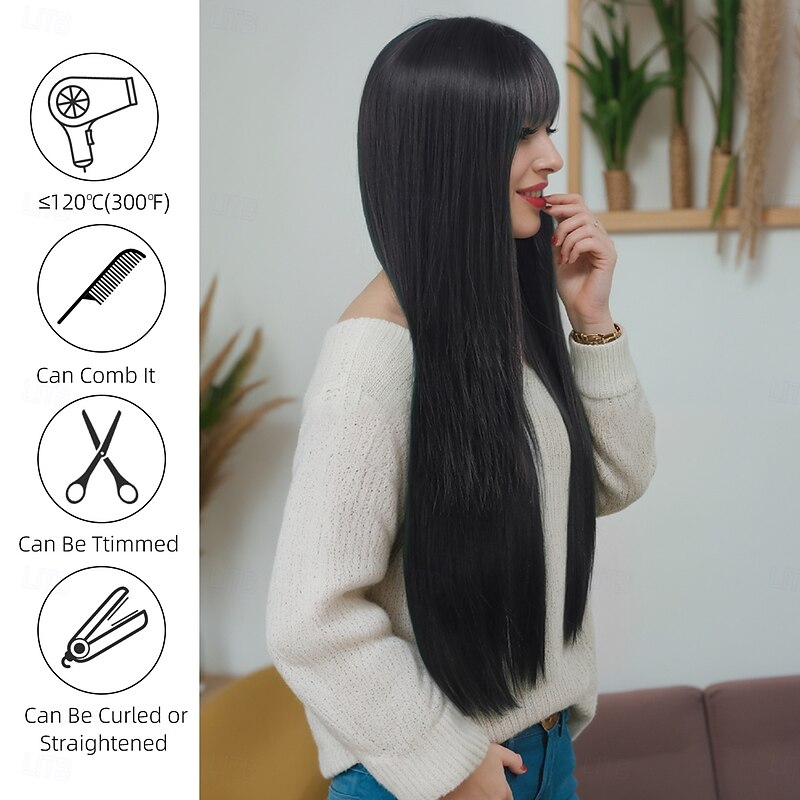 Synthetic Wig kinky Straight Yaki Straight Layered Haircut With Bangs Machine Made Wig 32 inches A1 Synthetic Hair Women's Classic Comfortable Color Gradient Black3