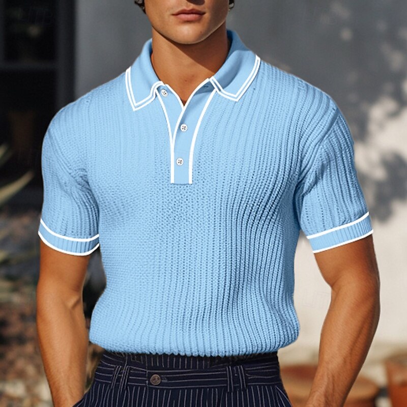 Men's Rib Knit Top Muscle Shirt Holiday Lapel Ribbed Polo Collar Short Sleeve Basic Modern Color Block Patchwork Pocket Spring & Summer Slim Fit White Burgundy Navy Blue Gray Light Blue Rib Knit Top4