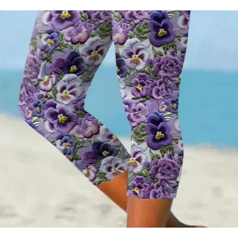 Women's Leggings Capri Pants High Elasticity Vacation Fashion Hawaiian Ankle-Length Mid Waist Floral Printing Thermal Warm Breathable Soft  Vacation Casual Daily Amethyst Summer Spring Regular Fit3