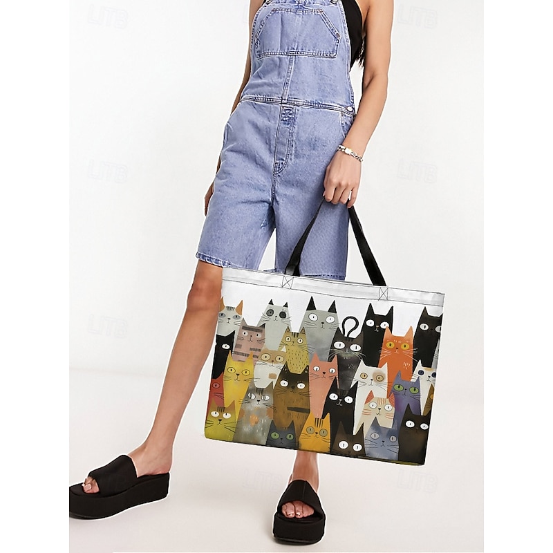 Women's Cute Cat Print Tote Bag - Anti-theft Zipper Inner Pocket, Large Capacity Canvas Tote Bag, Fashionable and Fun, Great for Shopping, Work and Casual Outings3